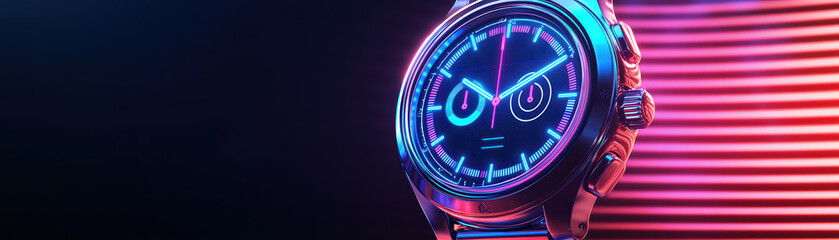 vibrant close up of futuristic watch with neon accents and glowing details