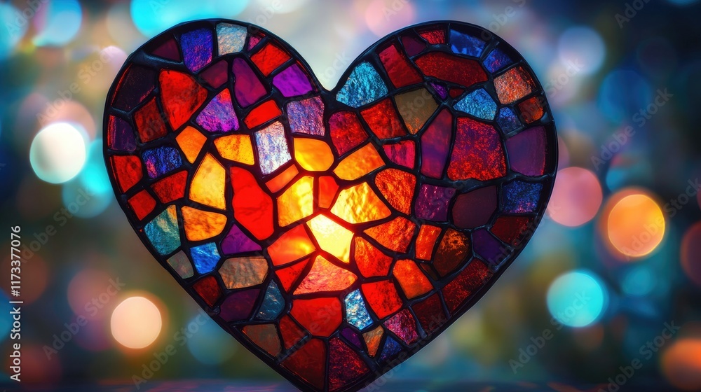 Poster intricate mosaic-style stained glass heart, glowing with radiant hues, against a soft bokeh backgrou