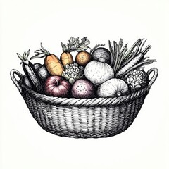A detailed illustration of a basket filled with various fruits and vegetables.
