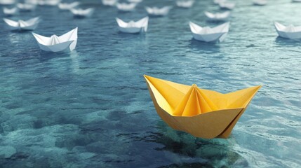Leadership concept depicted with a yellow paper boat navigating a distinct course among white boats on clear water, showcasing vision, independence, and courage