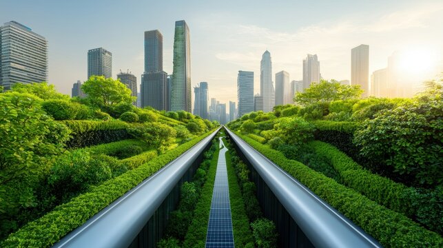A modern city skyline with green roofs, solar panels on buildings, and vertical gardens, representing sustainable urban planning and the integration of green infrastructure in urban environments.