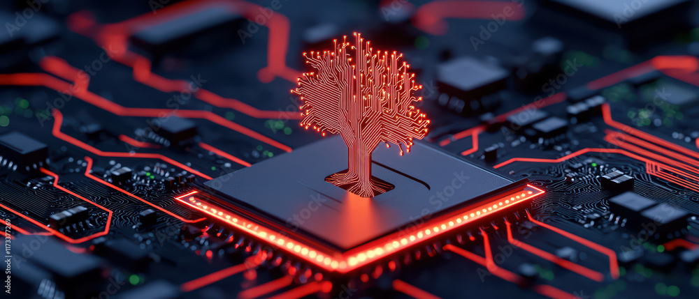 Poster surreal of tree emerging from circuit board, symbolizing technology