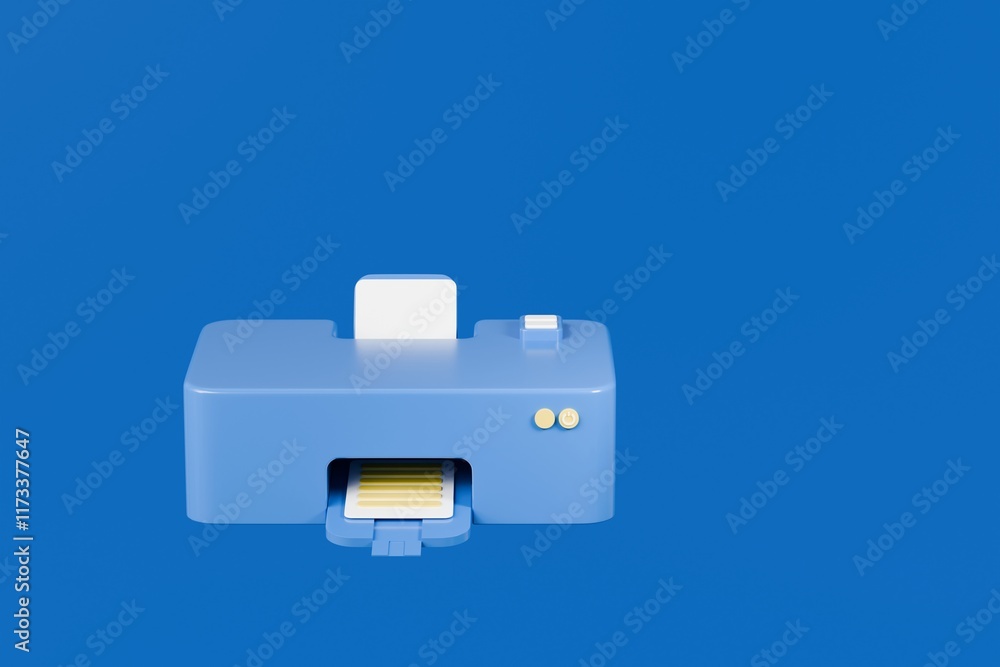 Poster 3d paper printer with document icon. office equipment concept. digital print technology concept. min
