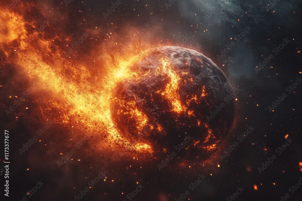 Poster fiery planet hurtling through space with bright flames during cosmic event in deep universe