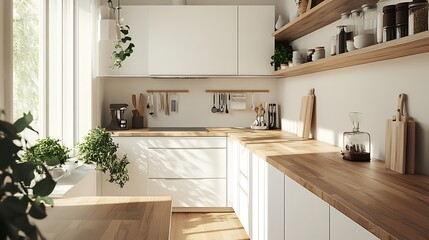 Scandinavian kitchen featuring white cabinets, wooden countertops, and minimalist accessories