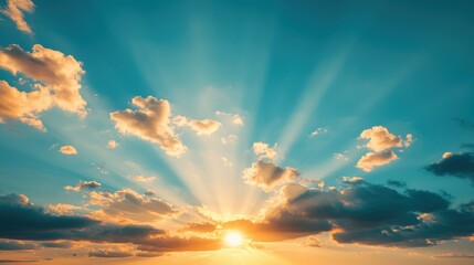 A close-up shot of the sun dipping below the horizon, its rays spreading out like fingers across the sky, creating a dramatic and awe-inspiring scene.
