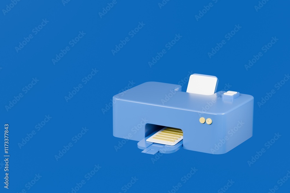 Poster 3d paper printer with document icon. office equipment concept. digital print technology concept. min