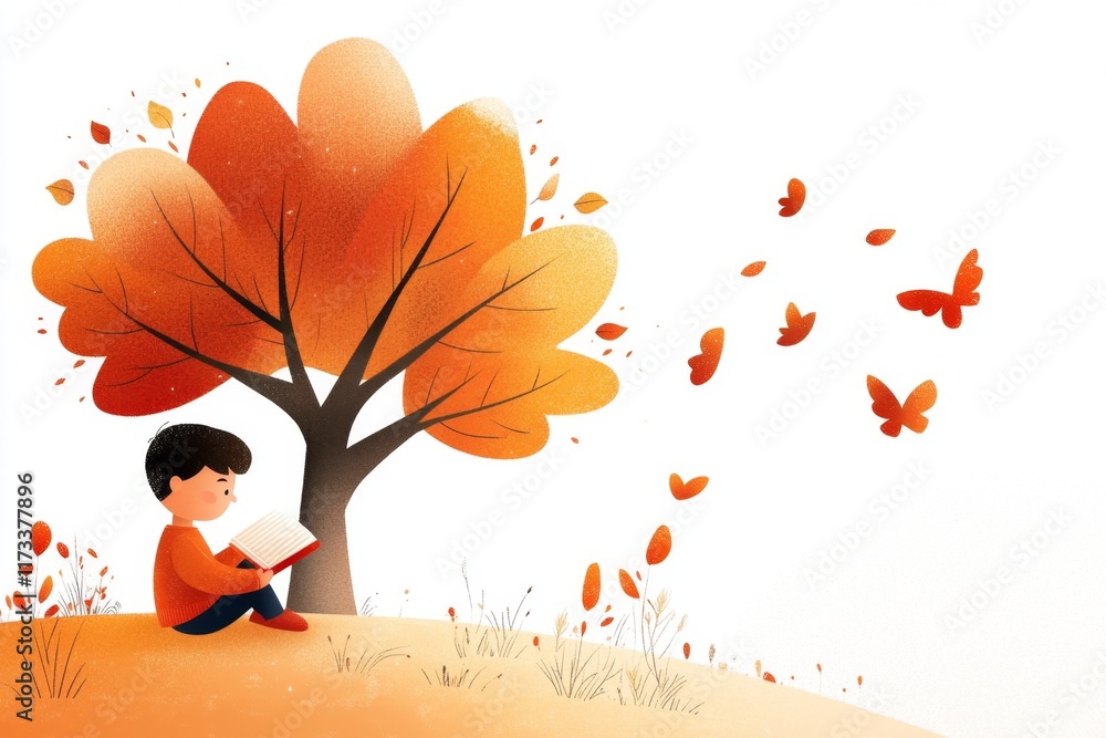 Poster a stylized scene of a child reading a book under a tree, drawn in simple, bold shapes and soft earth