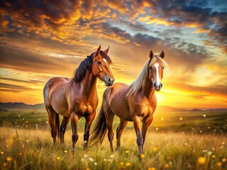Obraz premium Majestic Panoramic Portrait: Two Horses in a Vast Meadow