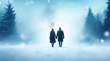 A couple walking hand-in-hand through a snow-covered forest, their breath forming clouds in the frosty air, both dressed in warm winter jackets, hats, and scarves.