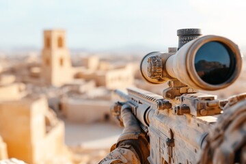 A tactical scene featuring a khaki machine gun mounted on a vehicle, with a desert town in the background