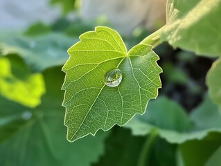 single dewdrop on a textured green leaf in soft light