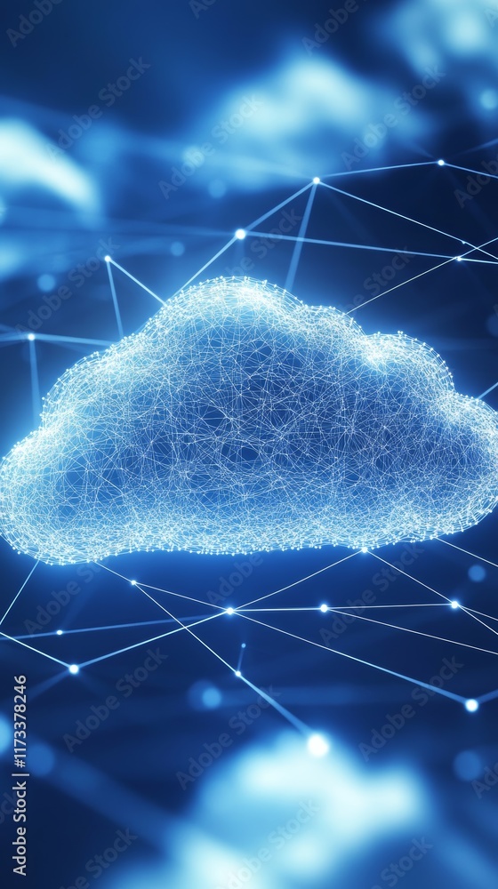 Poster abstract representation of cloud technology and data networks in a digital space with glowing connec