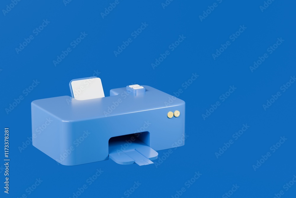 Poster 3d paper printer with document icon. office equipment concept. digital print technology concept. min