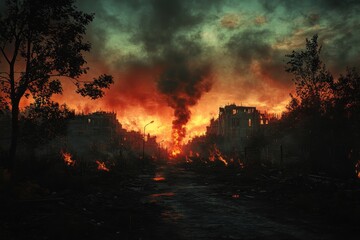 Destruction unfolds in a burning urban landscape during sunset aftermath