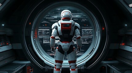 Astronaut viewing digital data through spaceship portal.