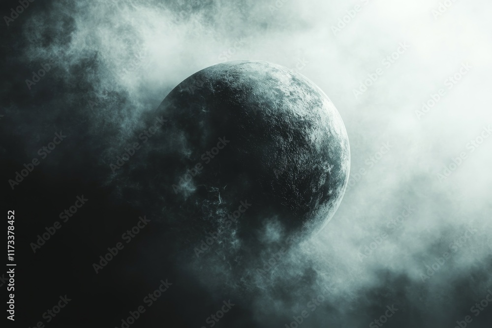 Poster mysterious moon emerging from dark clouds in the night sky with soft illumination