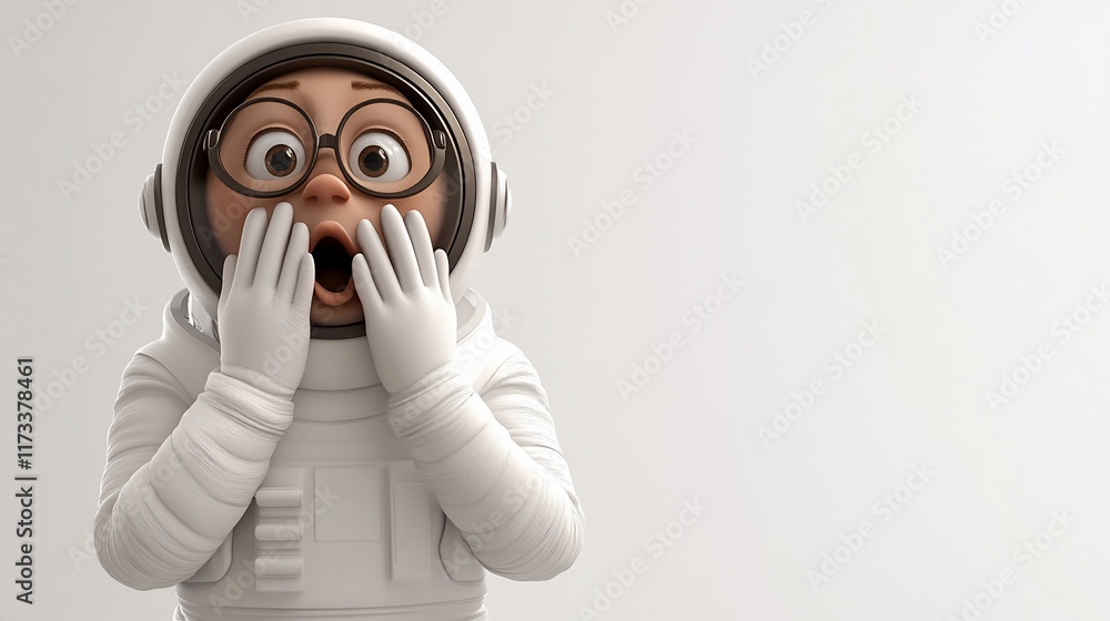 Aufkleber shocked cartoon astronaut in spacesuit with hands on face against white background.