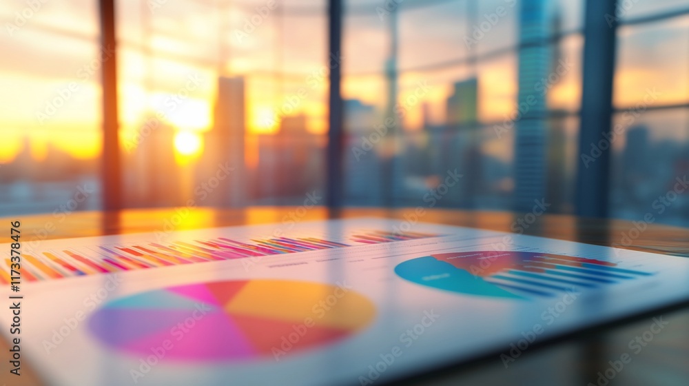 Poster colorful charts and graphs on a desk with a city sunset view.
