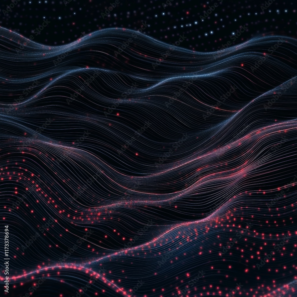Poster abstract flowing data stream background with glowing particles and smooth lines in dark technology c