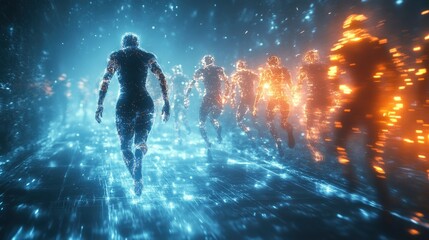 Cybernetic sports arena with digital athletes in motion