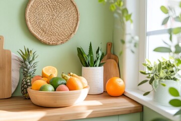 A tropical-themed kitchen with bamboo accents, bright green walls, and a vibrant fruit bowl as the centerpiece
