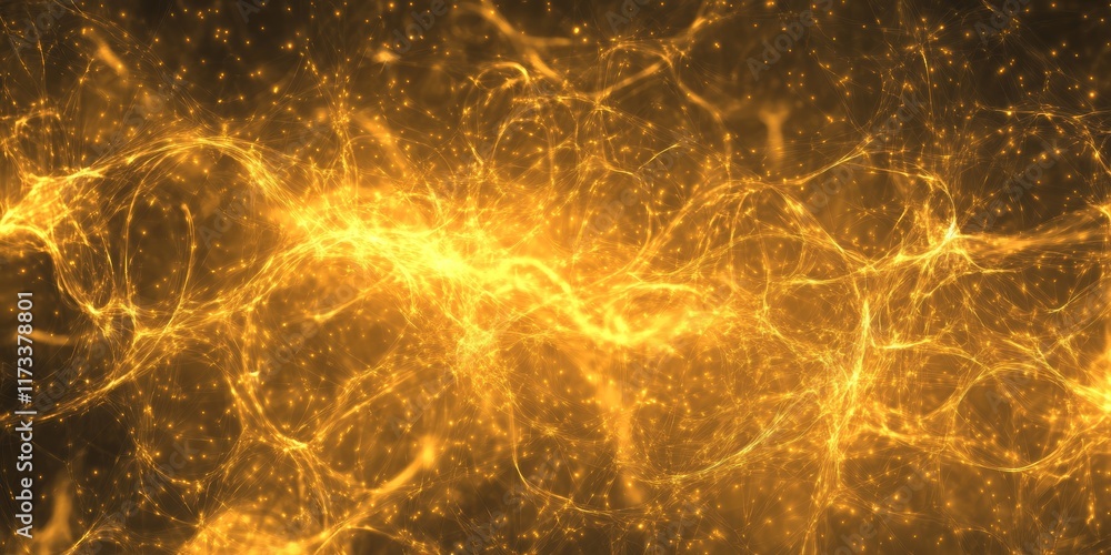 Poster explore an abstract digital background featuring glowing golden streams and intricate network patter