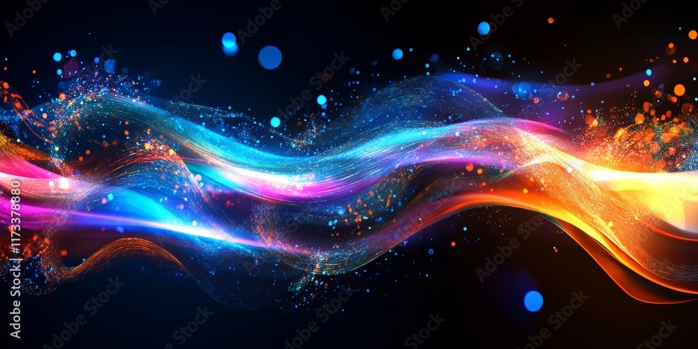 Poster experience a dynamic visual representation of vibrant flowing data streams filled with bright lights