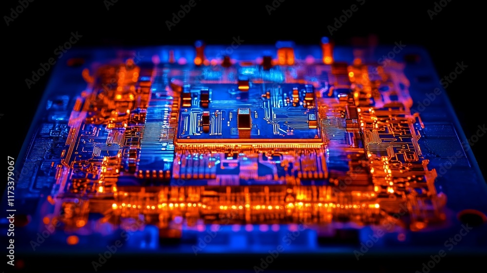 Fototapete Close-up of illuminated circuit board with central processor, showcasing intricate electronic components and vibrant colors.