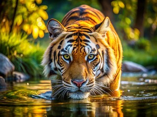 Fototapeta premium Majestic Serbian Tiger Drinking from Crystal Clear Water - Stunning Wildlife Photography