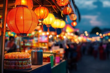 A vibrant Cambodian festival at night, with illuminated lanterns, dancers, and people enjoying the lively atmosphere