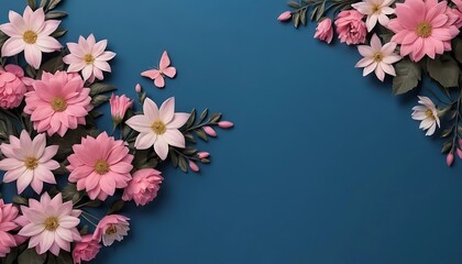 Blue background with flowers on the edges in pink but with some shades going from dark to lighter;