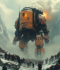 Imposing war machine looms over snowy battlefield.