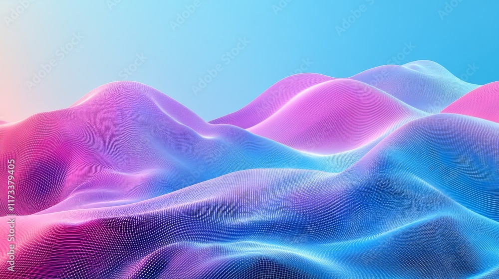 Poster surreal digital data visualization of smooth hills in a futuristic gradient with empty space for cop