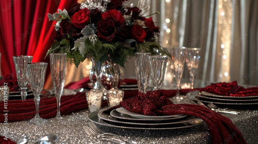 Poster rich red and silver fabrics intertwined with sparkling embellishments, offering an opulent feel for 