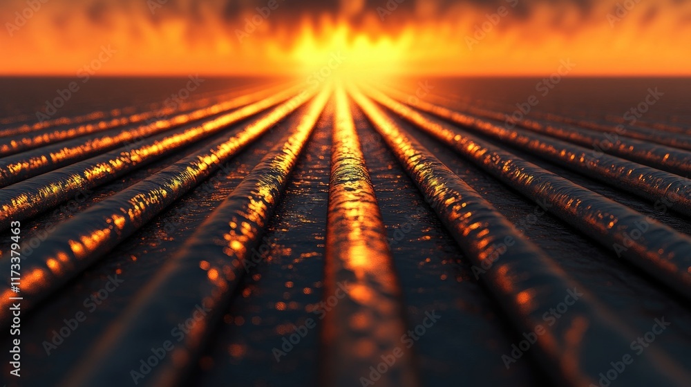 Poster Rows of metallic rods aligned on the ground, creating leading lines that guide the viewer eye toward a glowing horizon, emphasizing depth and perspective