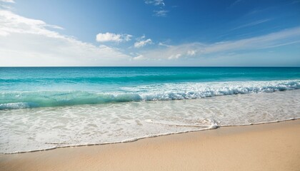 Beautiful sandy beach and soft blue ocean wave. Sea background