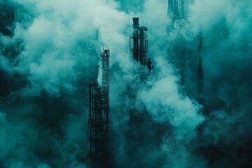 Industrial landscape shrouded in smoke from towering structures at dusk
