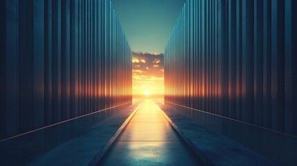 Rows of metallic rods stretching toward a glowing horizon, creating powerful leading lines that add depth and focus to the dynamic composition