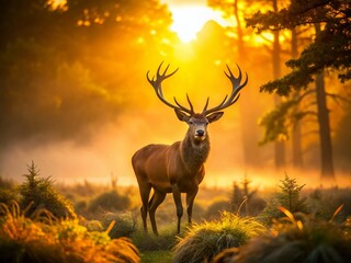 Majestic Stag Silhouette at Sunset: Panoramic Wildlife Photography