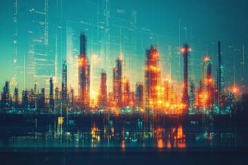 Industrial skyline glows at dusk with vibrant lights and abstract patterns in the air above the city