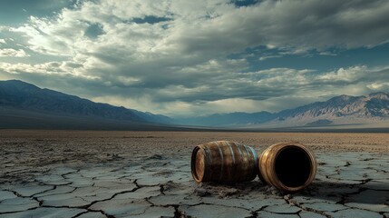 Rusted barrels on cracked soil, surrounded by a vast barren landscape and towering mountains, under cloudy skies, capturing the essence of environmental degradation