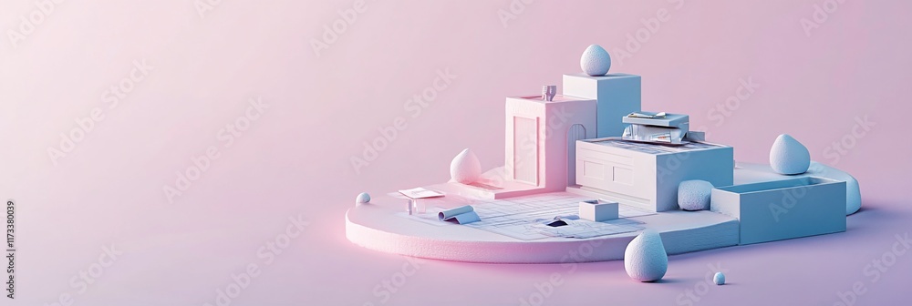 Poster abstract pastel pink and blue 3d geometric shapes on a platform.