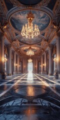 Fototapeta premium A stunning grand opulent hall featuring intricate chandeliers, luxurious marble flooring, and richly detailed decor that reflects elegance and grandeur.