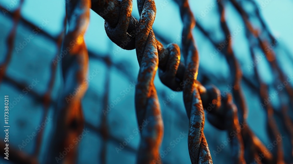 Poster rusted, intertwined metal bars with a soft glow in the background, illuminated under the evening sky