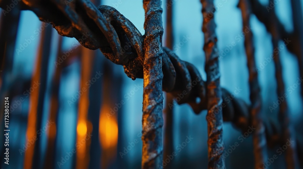 Poster rusted, intertwined metal bars with a soft glow in the background, illuminated under the evening sky