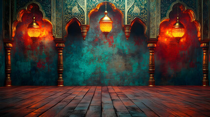 A vibrant interior scene featuring ornate architecture, colorful walls, and decorative lanterns, ideal for cultural or artistic presentations.