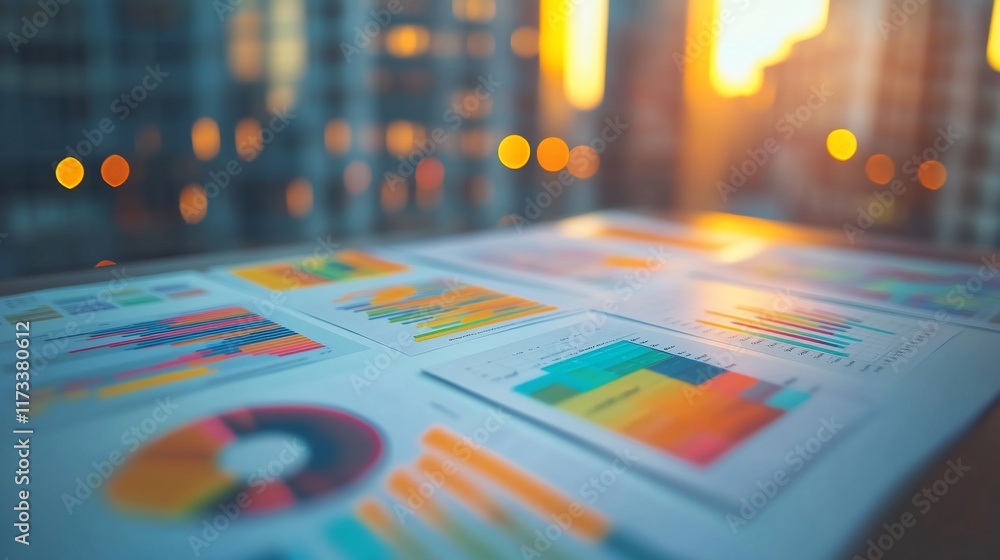 Poster financial charts and graphs on a table with a city backdrop at sunset.