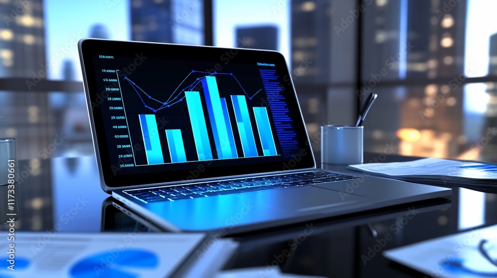 Poster laptop displaying financial charts and graphs in a modern office at night.