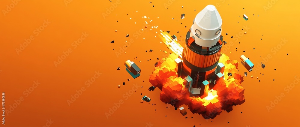 Poster Low-poly rocket exploding during launch on orange background.
